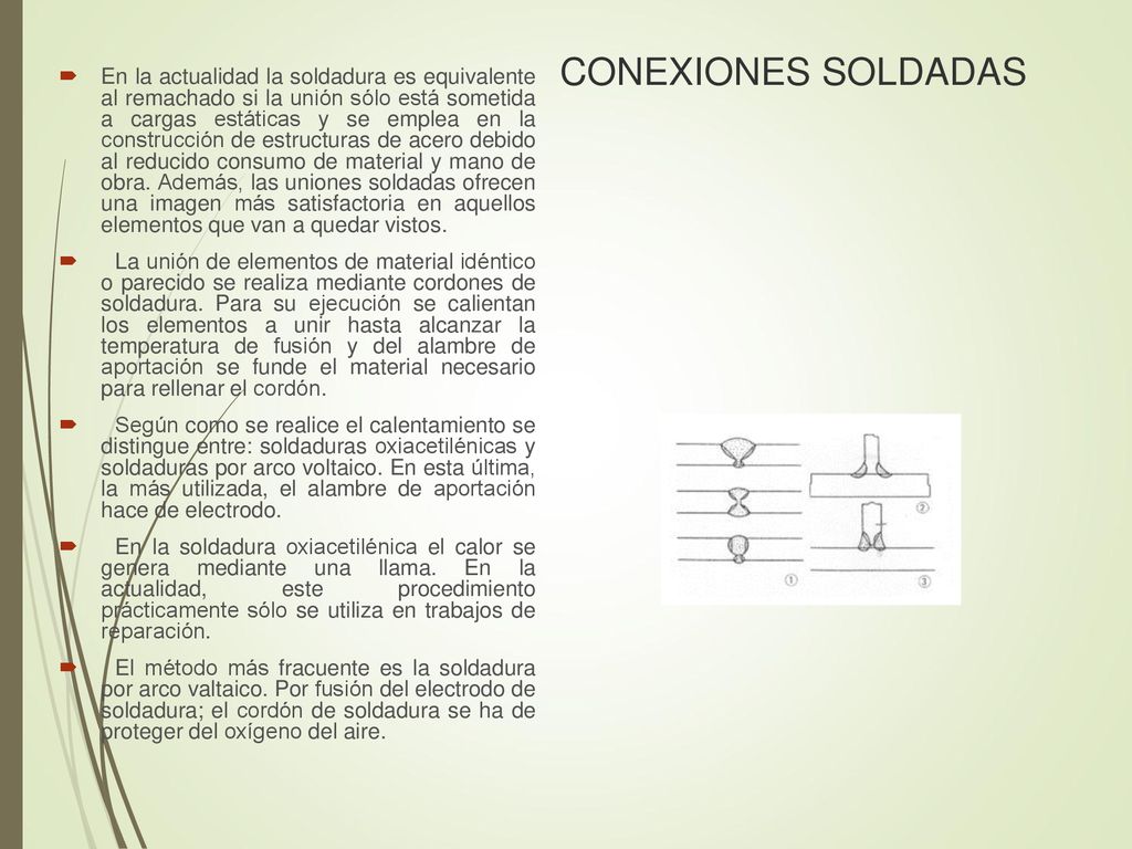 En la actualidad la soldadura es equivalente al remachado si la unión sólo está sometida a cargas estáticas y se emplea en la construcción de estructuras de acero debido al reducido consumo de material y mano de obra. Además, las uniones soldadas ofrecen una imagen más satisfactoria en aquellos elementos que van a quedar vistos.