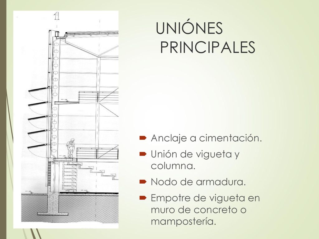 UNIÓNES PRINCIPALES Anclaje a cimentación. Unión de vigueta y columna.