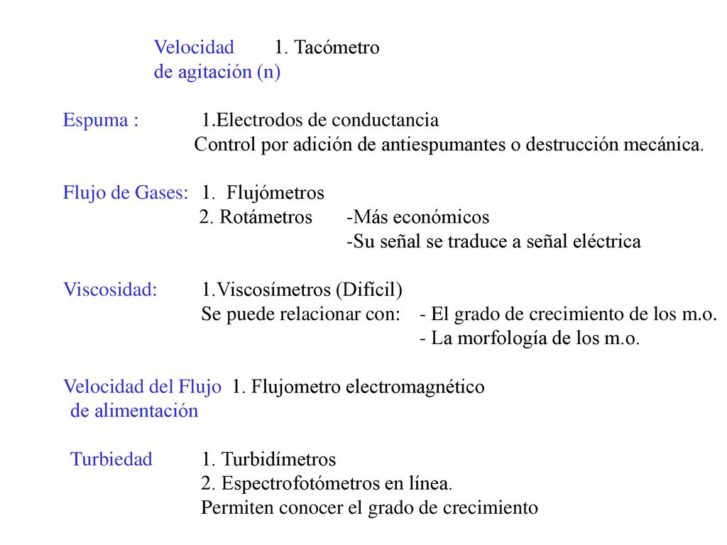 Velocidad 1. Tacómetro de agitación (n) Espuma : 1.Electrodos de conductancia. Control por adición de antiespumantes o destrucción mecánica.