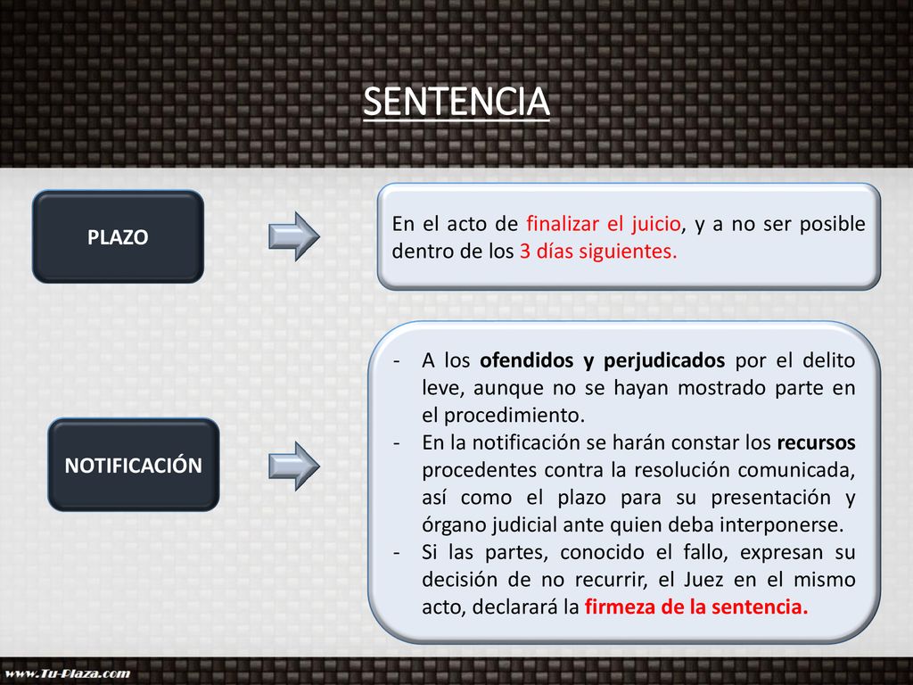 SENTENCIA En el acto de finalizar el juicio, y a no ser posible dentro de los 3 días siguientes. PLAZO.