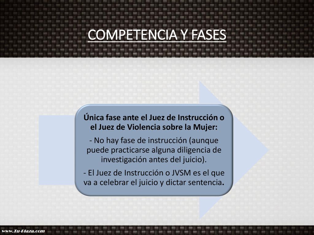 COMPETENCIA Y FASES Única fase ante el Juez de Instrucción o el Juez de Violencia sobre la Mujer: