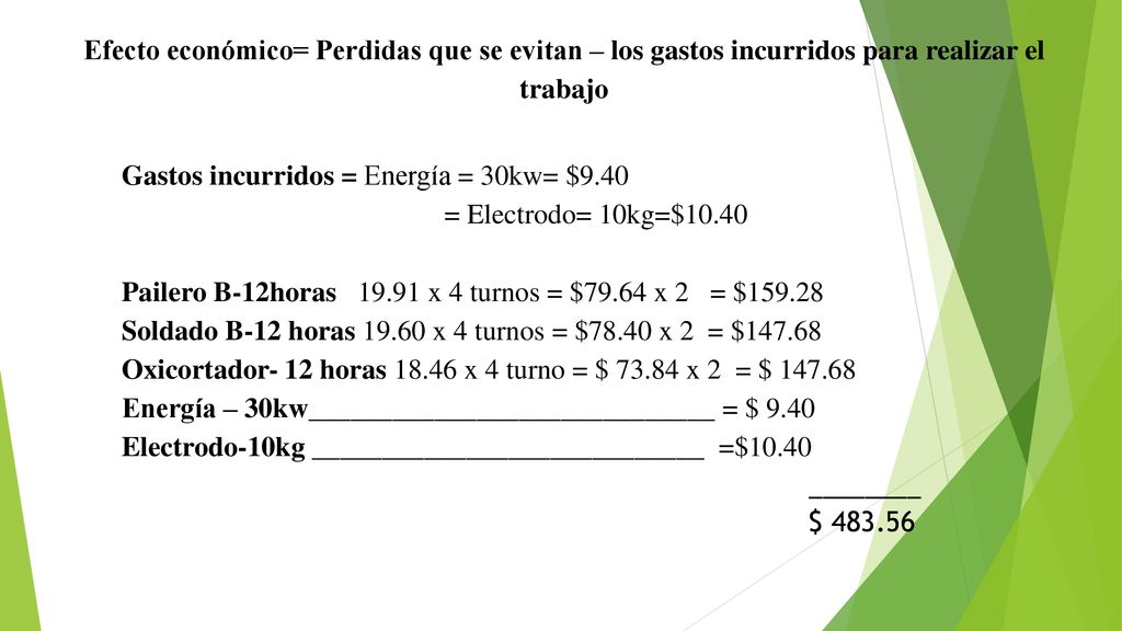 Efecto económico= Perdidas que se evitan – los gastos incurridos para realizar el trabajo