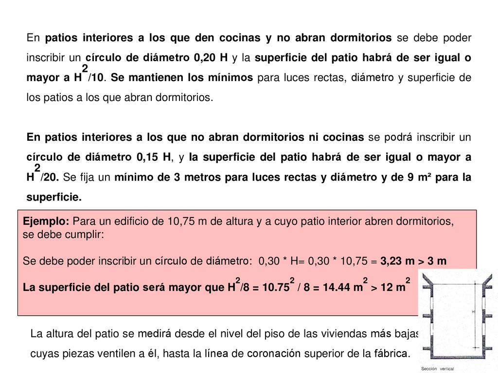 En patios interiores a los que den cocinas y no abran dormitorios se debe poder inscribir un círculo de diámetro 0,20 H y la superficie del patio habrá de ser igual o mayor a H2/10. Se mantienen los mínimos para luces rectas, diámetro y superficie de los patios a los que abran dormitorios.