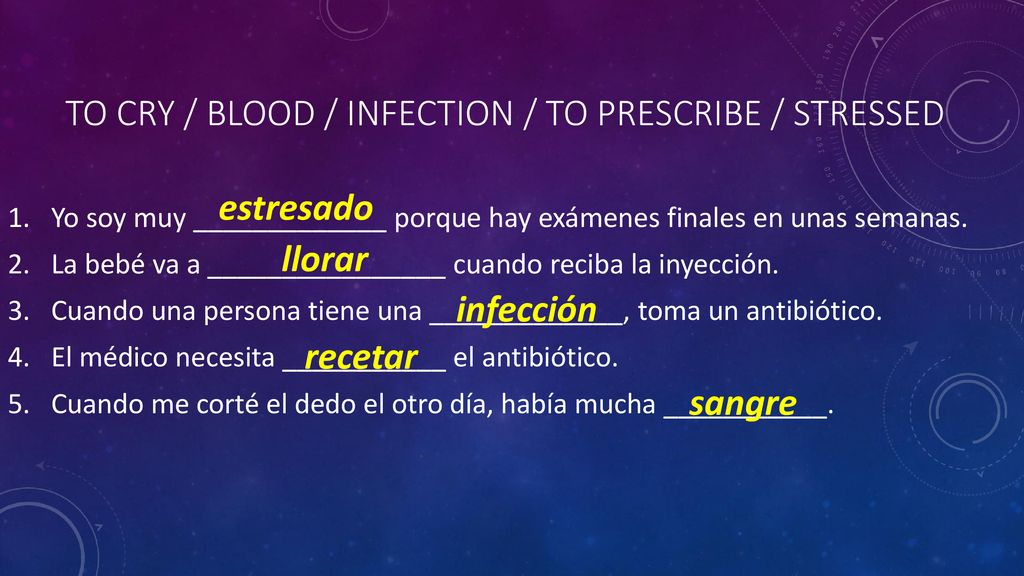 To cry / blood / infection / to prescribe / stressed