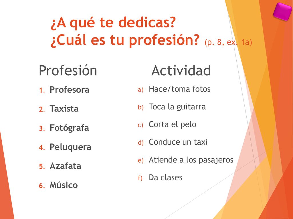 ¿A qué te dedicas ¿Cuál es tu profesión (p. 8, ex. 1a)