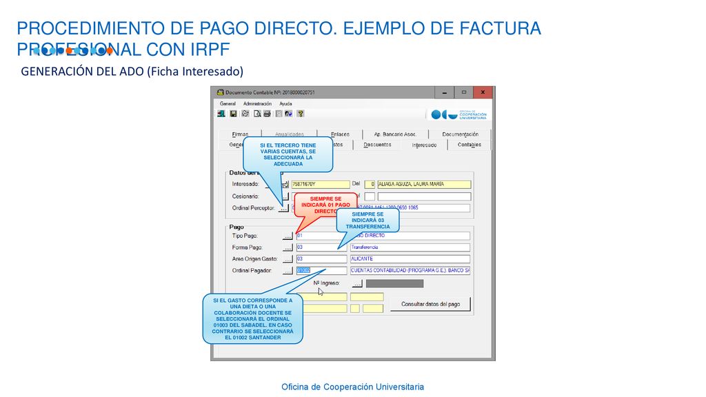 PROCEDIMIENTO DE PAGO DIRECTO. EJEMPLO DE FACTURA PROFESIONAL CON IRPF