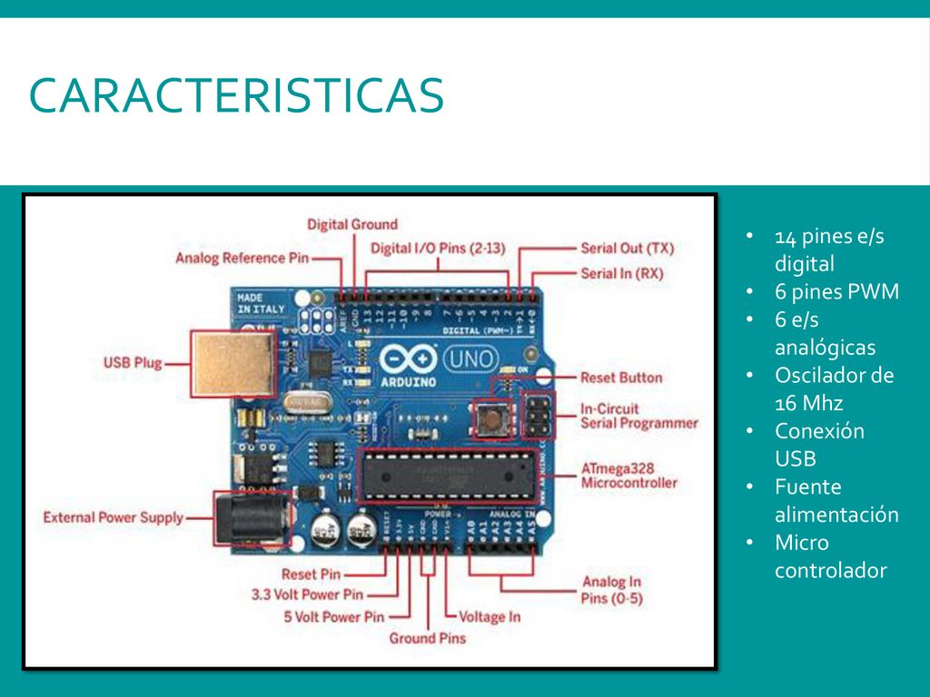 CARACTERISTICAS HARDWARE ARDUINO UNO 14 pines e/s digital 6 pines PWM
