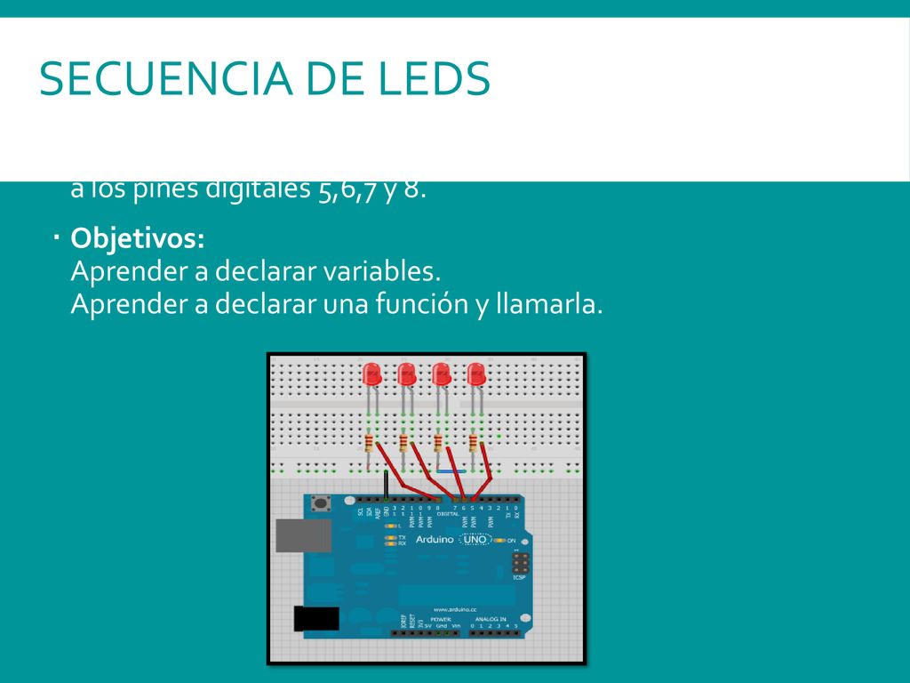 Secuencia de Leds Encender y apagar 4 leds secuencialmente. Conectar los leds a los pines digitales 5,6,7 y 8.