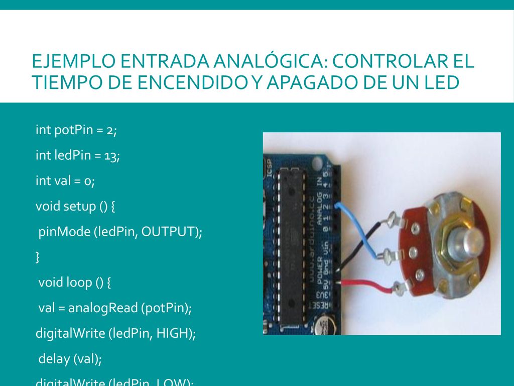 Ejemplo Entrada Analógica: Controlar el tiempo de encendido y apagado de un LED