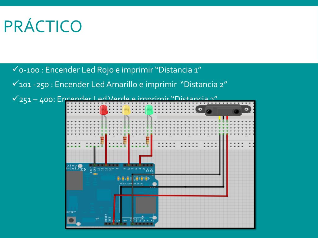 Práctico Utilizar un sensor infrarrojo para medir la distancia entre tres rangos distintos: : Encender Led Rojo e imprimir Distancia 1