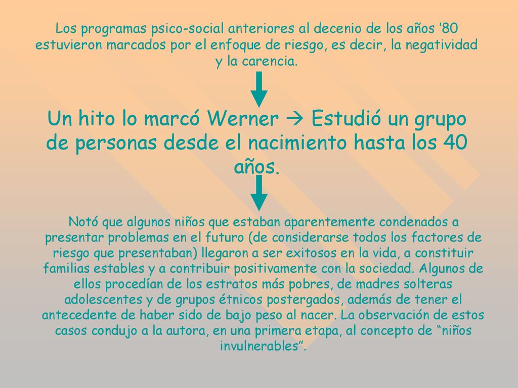 Los programas psico-social anteriores al decenio de los años ’80 estuvieron marcados por el enfoque de riesgo, es decir, la negatividad y la carencia.