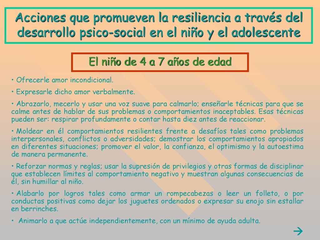 Acciones que promueven la resiliencia a través del desarrollo psico-social en el niño y el adolescente