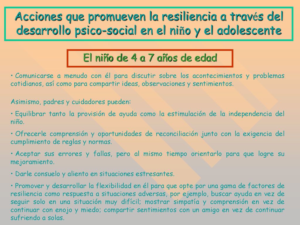 Acciones que promueven la resiliencia a través del desarrollo psico-social en el niño y el adolescente
