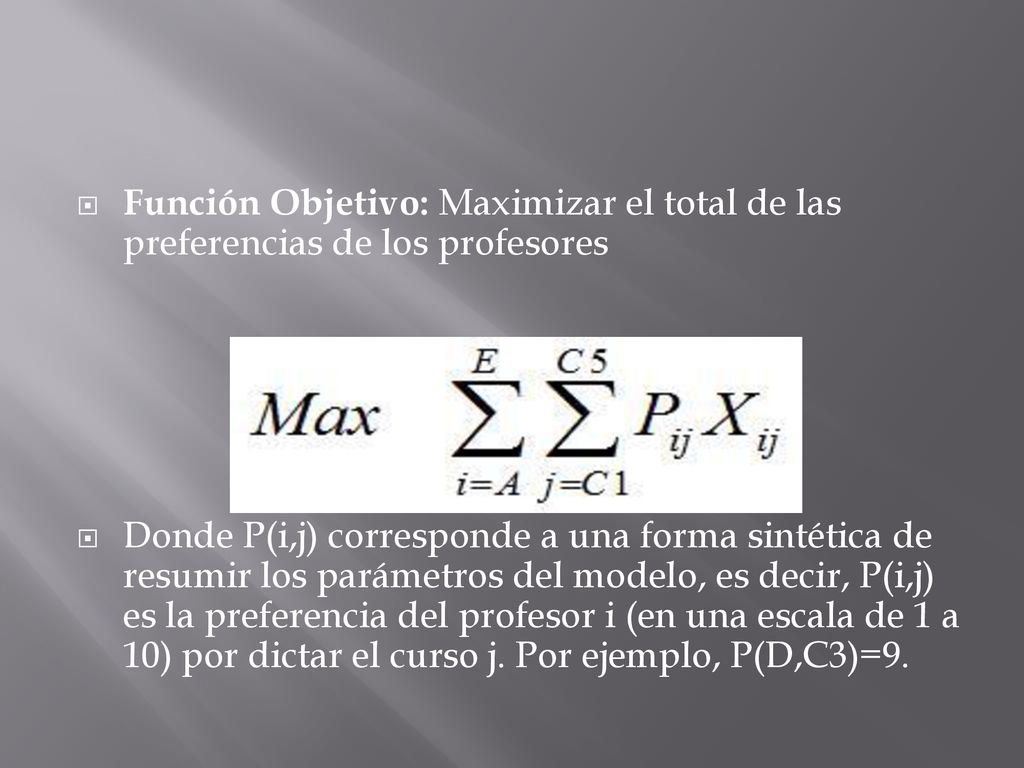 Función Objetivo: Maximizar el total de las preferencias de los profesores