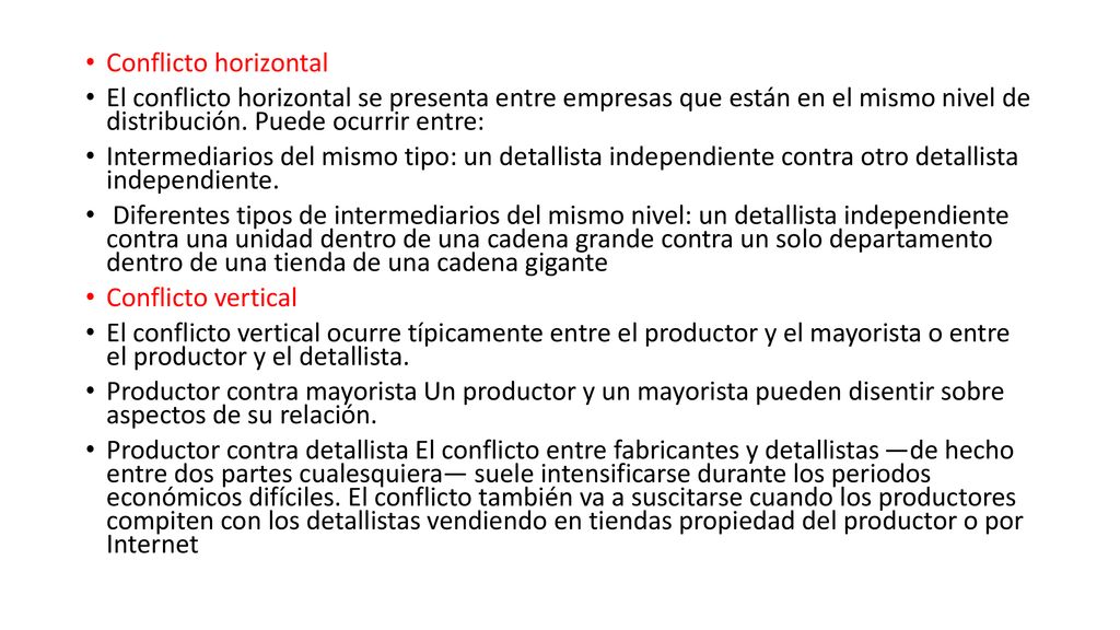 Conflicto horizontal El conflicto horizontal se presenta entre empresas que están en el mismo nivel de distribución. Puede ocurrir entre: