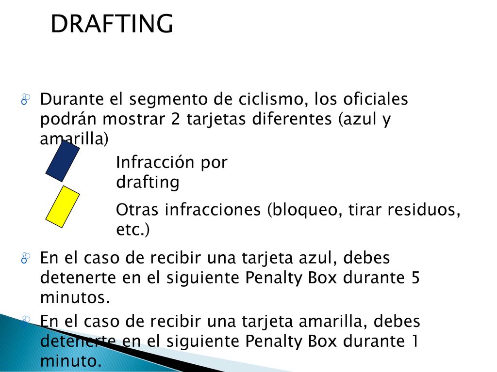DRAFTING Durante el segmento de ciclismo, los oficiales podrán mostrar 2 tarjetas diferentes (azul y amarilla)