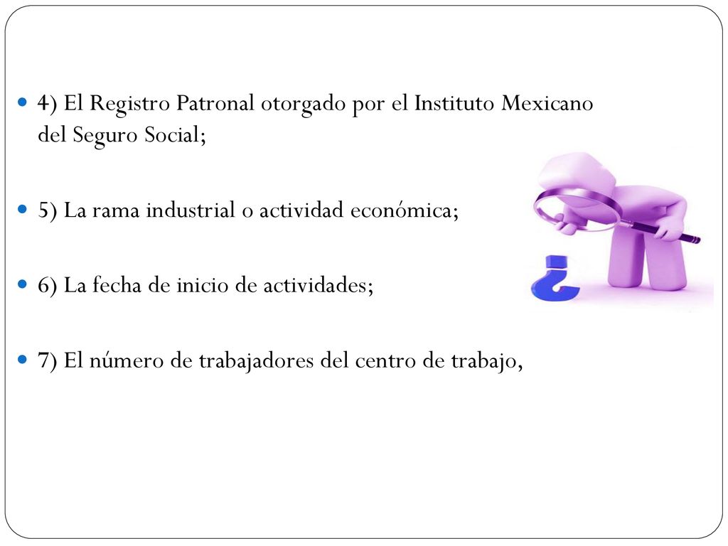 4) El Registro Patronal otorgado por el Instituto Mexicano del Seguro Social;