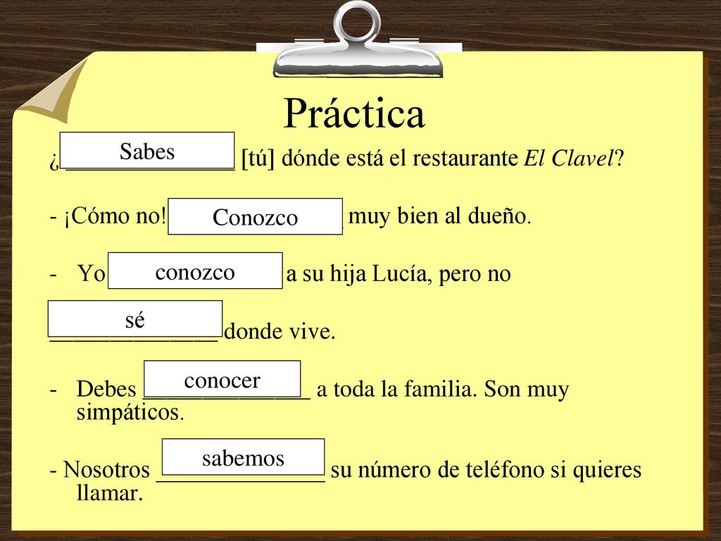 Práctica Sabes. ¿ ______________ [tú] dónde está el restaurante El Clavel - ¡Cómo no! ______________ muy bien al dueño.