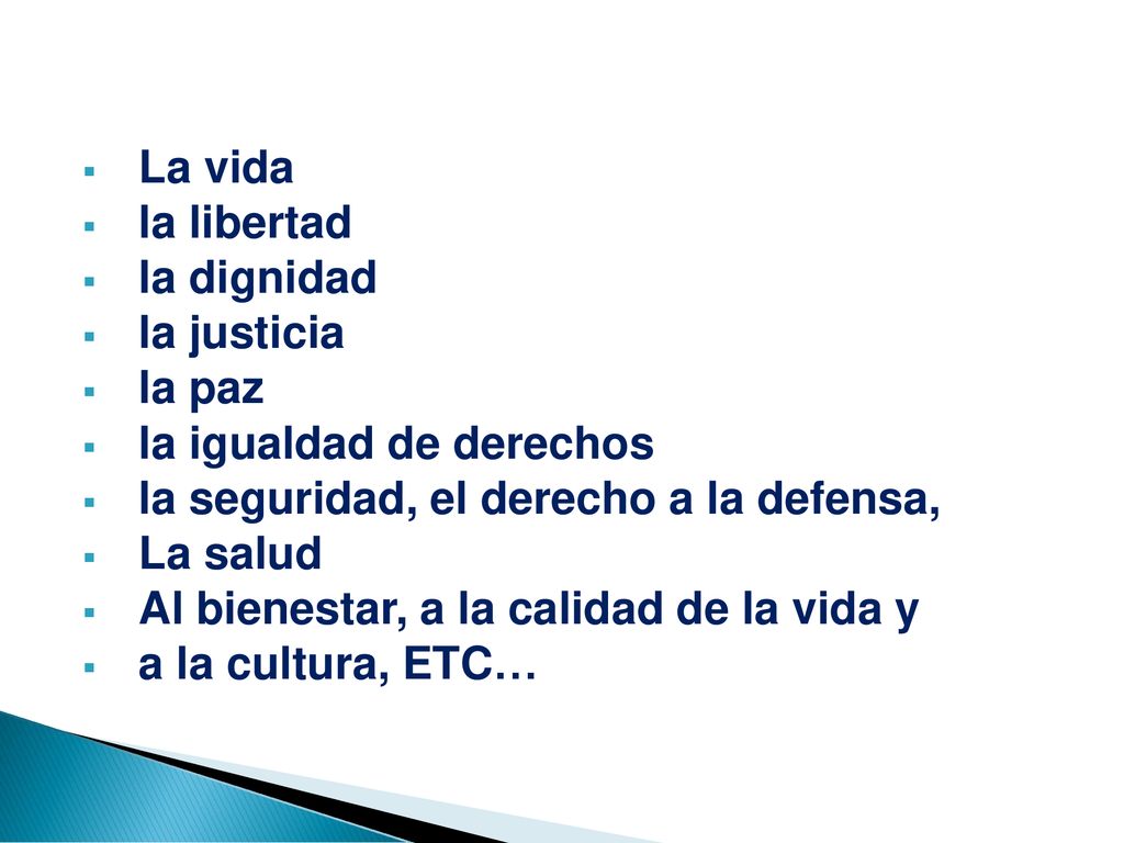 La vida la libertad. la dignidad. la justicia. la paz. la igualdad de derechos. la seguridad, el derecho a la defensa,
