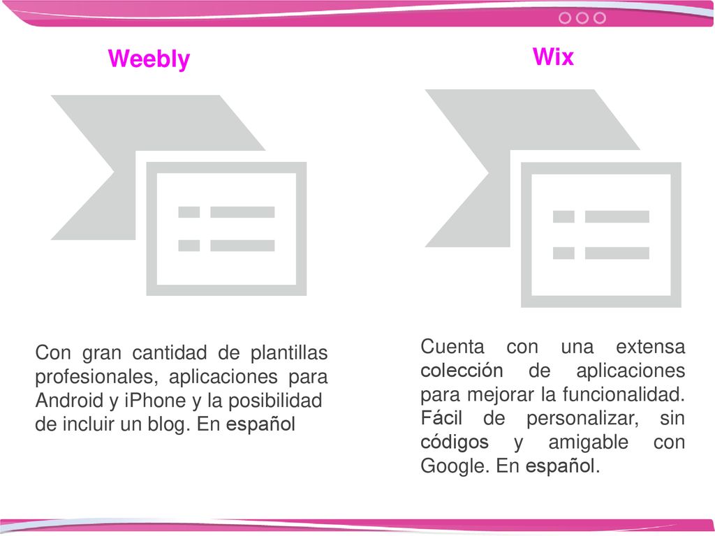 Weebly Wix. Con gran cantidad de plantillas profesionales, aplicaciones para Android y iPhone y la posibilidad.