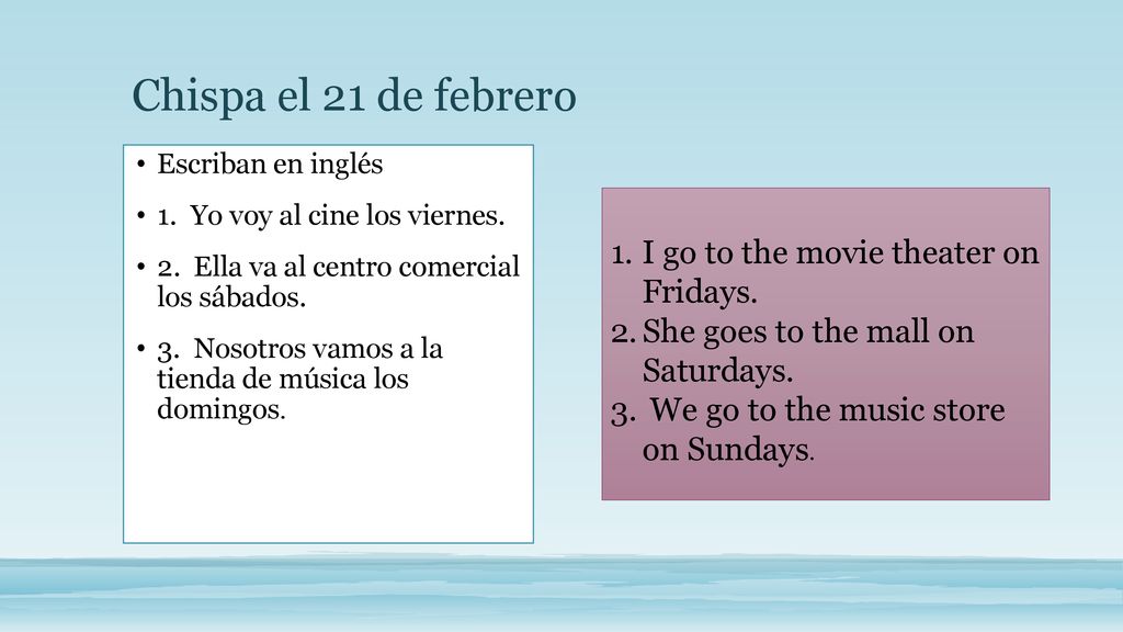Chispa el 21 de febrero I go to the movie theater on Fridays.