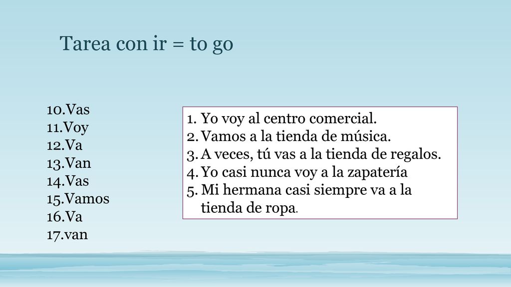 Tarea con ir = to go Vas Voy Va Van Vamos van
