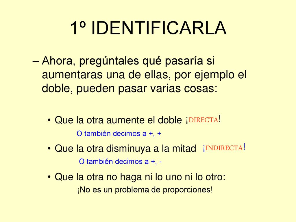 1º IDENTIFICARLA Ahora, pregúntales qué pasaría si aumentaras una de ellas, por ejemplo el doble, pueden pasar varias cosas:
