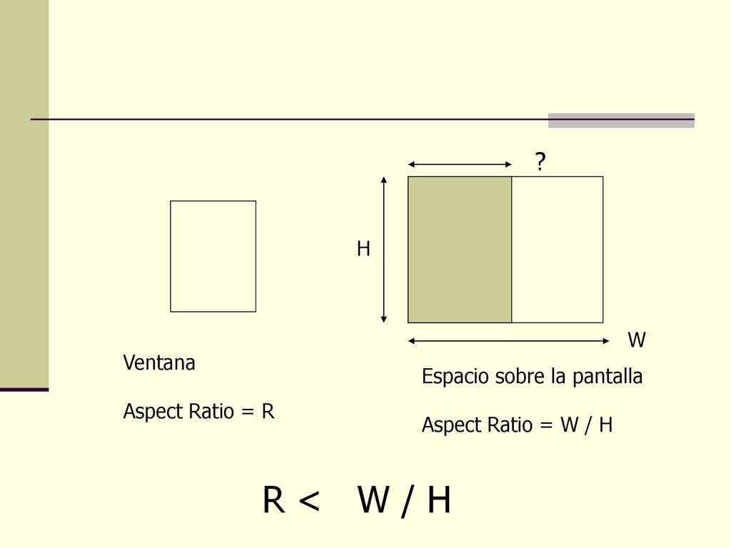 R < W / H H W Ventana Espacio sobre la pantalla Aspect Ratio = R