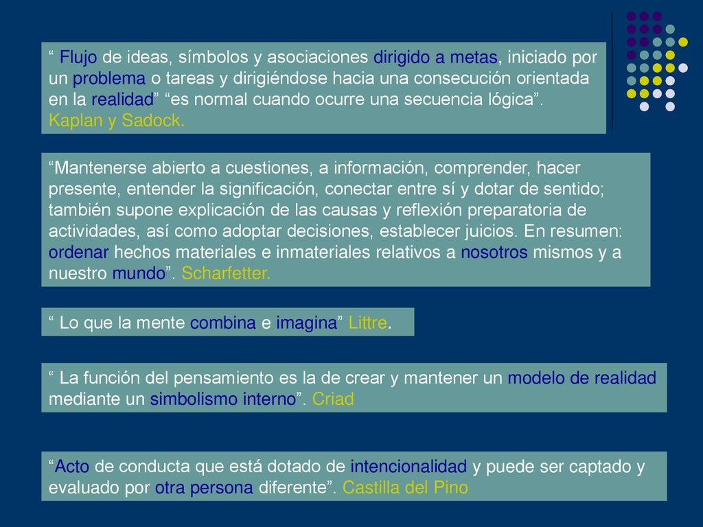 Flujo de ideas, símbolos y asociaciones dirigido a metas, iniciado por un problema o tareas y dirigiéndose hacia una consecución orientada en la realidad es normal cuando ocurre una secuencia lógica . Kaplan y Sadock.