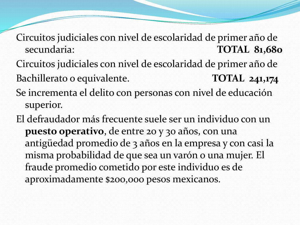 Circuitos judiciales con nivel de escolaridad de primer año de secundaria: TOTAL 81,680 Circuitos judiciales con nivel de escolaridad de primer año de Bachillerato o equivalente.