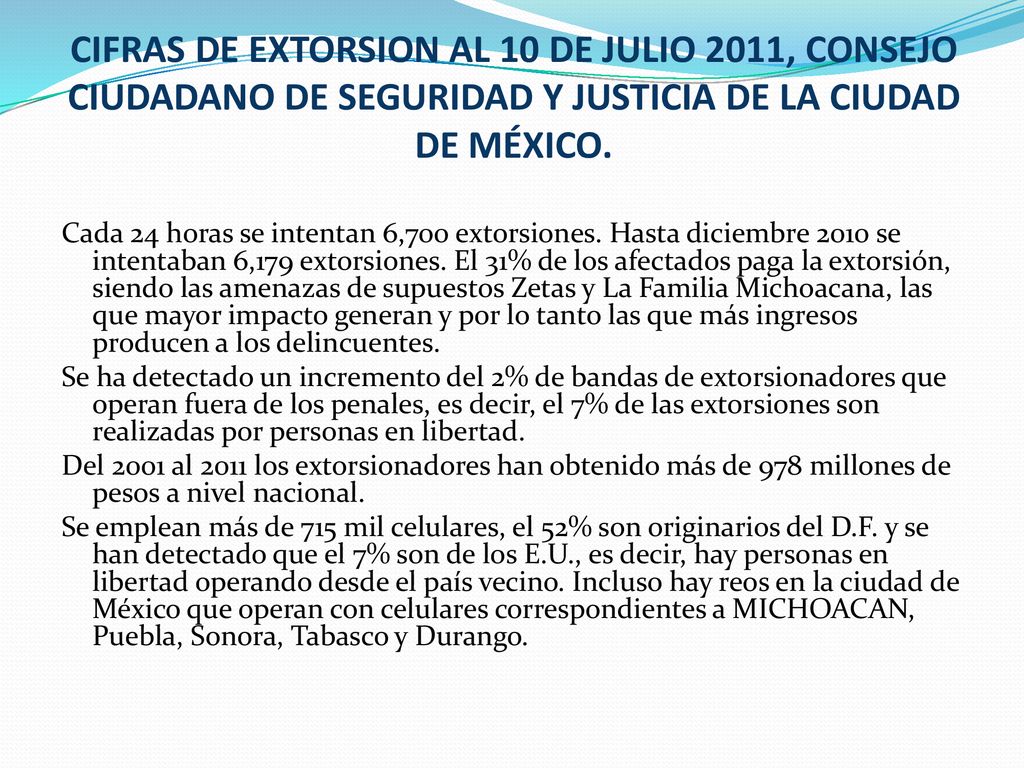 CIFRAS DE EXTORSION AL 10 DE JULIO 2011, CONSEJO CIUDADANO DE SEGURIDAD Y JUSTICIA DE LA CIUDAD DE MÉXICO.
