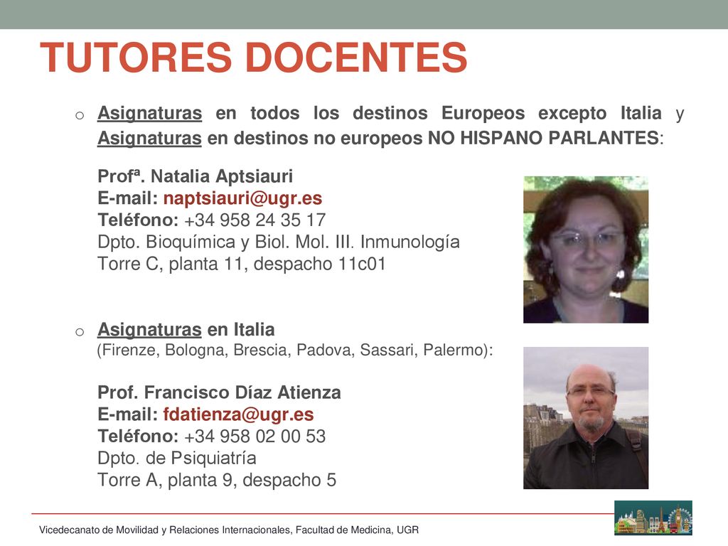 TUTORES DOCENTES Asignaturas en todos los destinos Europeos excepto Italia y Asignaturas en destinos no europeos NO HISPANO PARLANTES: