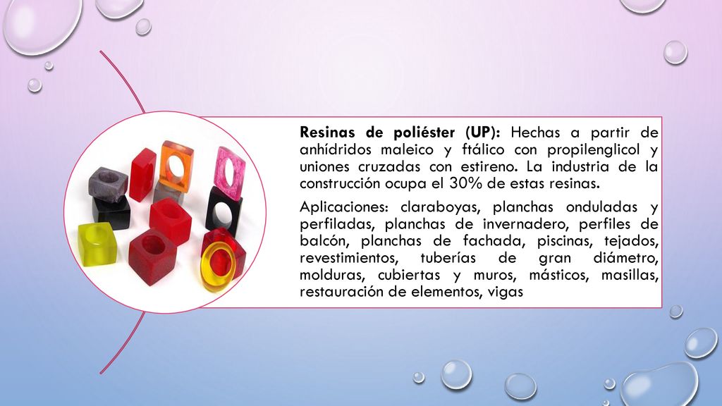 Resinas de poliéster (UP): Hechas a partir de anhídridos maleico y ftálico con propilenglicol y uniones cruzadas con estireno. La industria de la construcción ocupa el 30% de estas resinas.