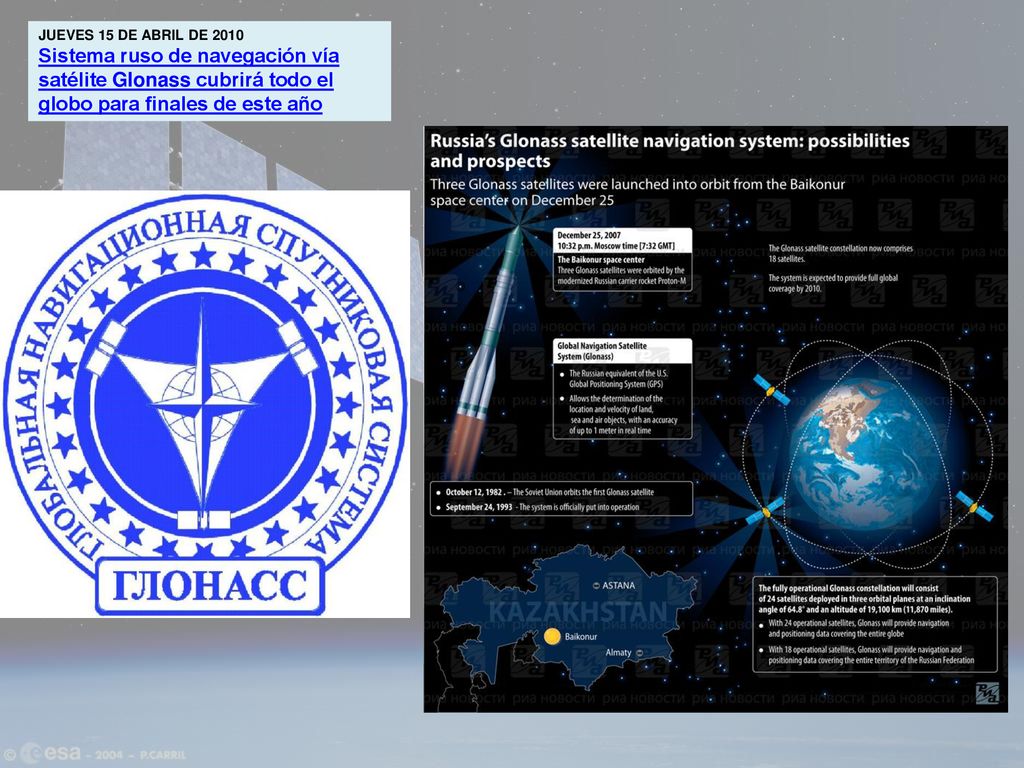jueves 15 de abril de 2010 Sistema ruso de navegación vía satélite Glonass cubrirá todo el globo para finales de este año.