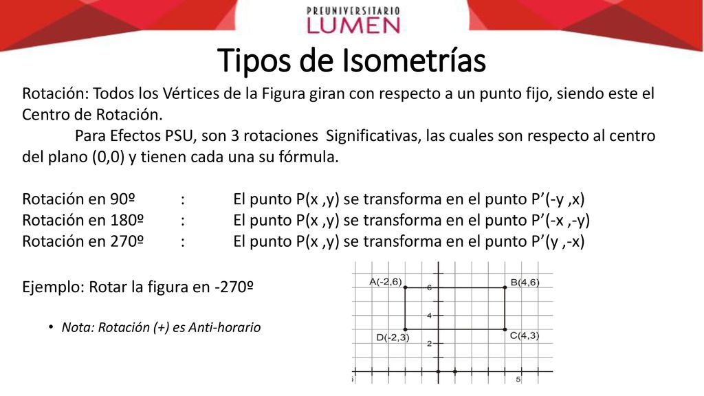Tipos de Isometrías Rotación: Todos los Vértices de la Figura giran con respecto a un punto fijo, siendo este el Centro de Rotación.
