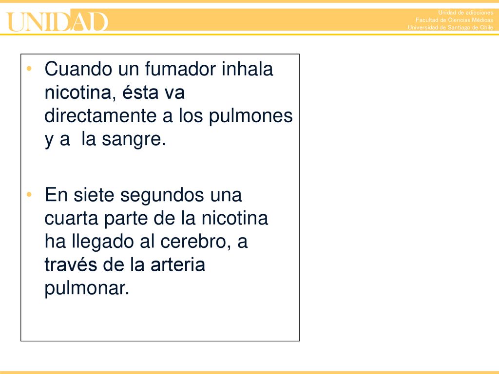 Cuando un fumador inhala nicotina, ésta va directamente a los pulmones y a la sangre.