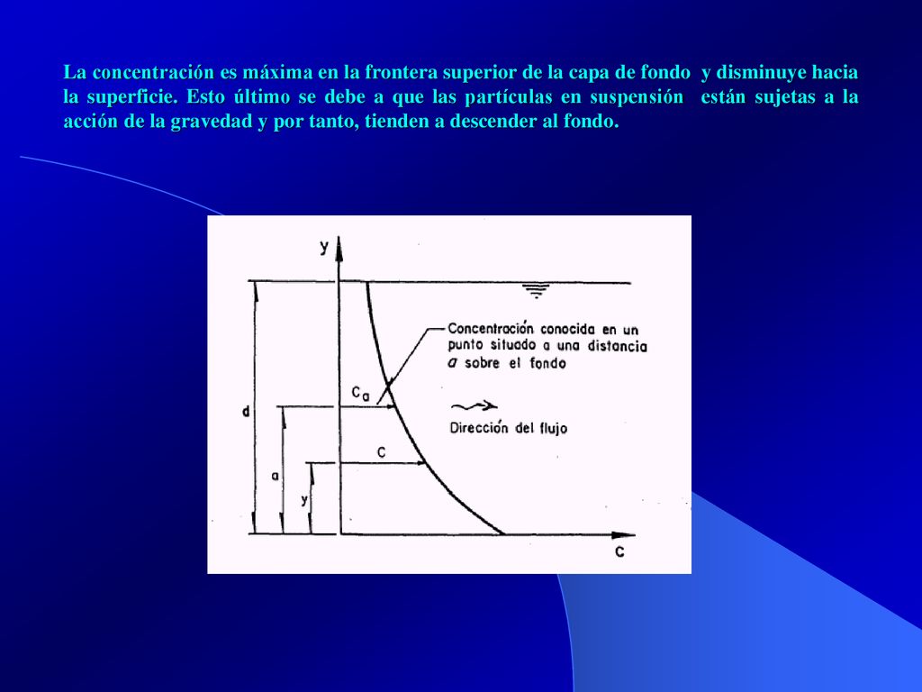 La concentración es máxima en la frontera superior de la capa de fondo y disminuye hacia la superficie.