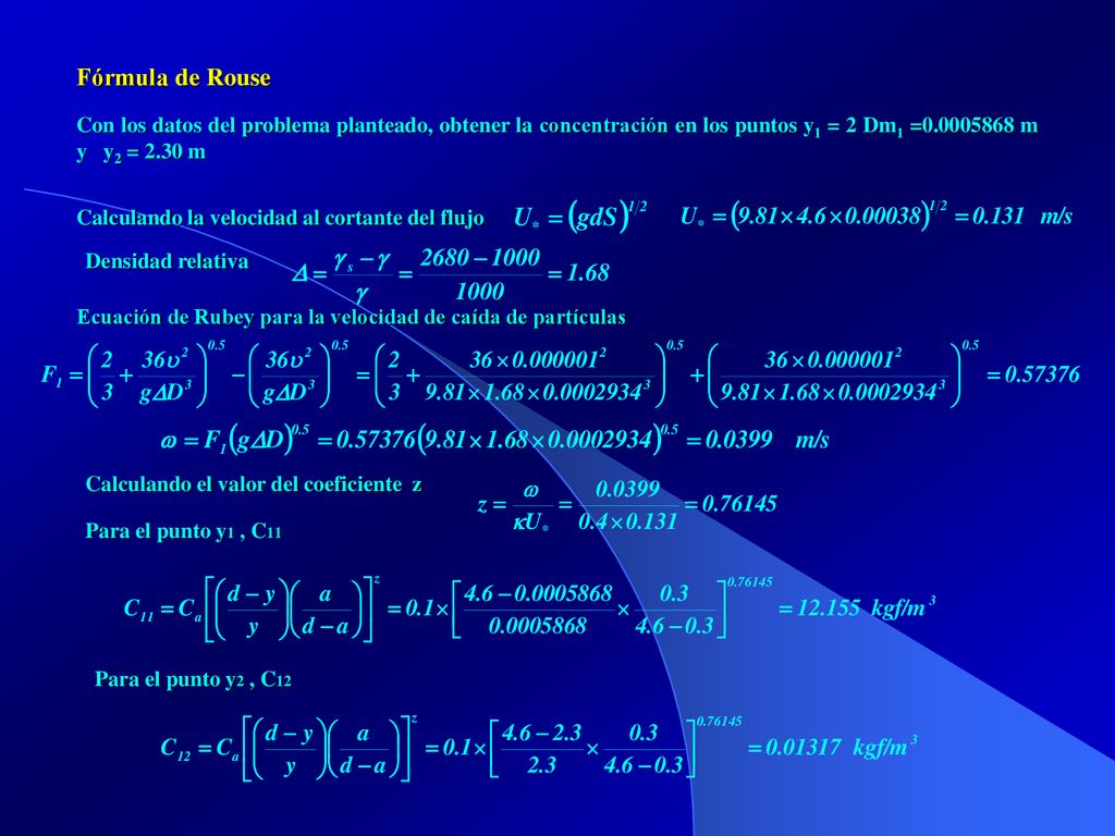 Fórmula de Rouse Con los datos del problema planteado, obtener la concentración en los puntos y1 = 2 Dm1 = m y y2 = 2.30 m.