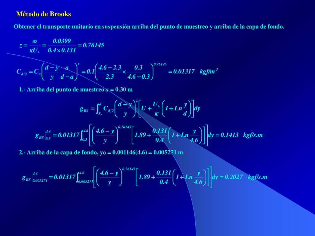 Método de Brooks Obtener el transporte unitario en suspensión arriba del punto de muestreo y arriba de la capa de fondo.