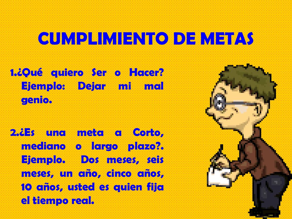 CUMPLIMIENTO DE METAS 1.¿Qué quiero Ser o Hacer Ejemplo: Dejar mi mal genio.