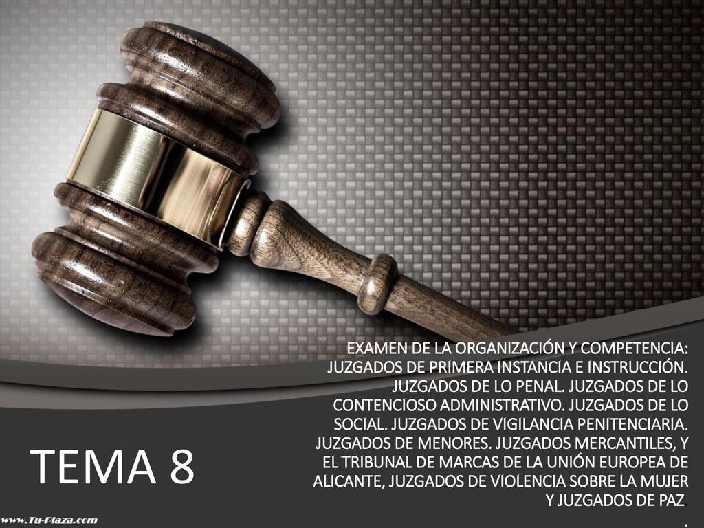 EXAMEN DE LA ORGANIZACIÓN Y COMPETENCIA: JUZGADOS DE PRIMERA INSTANCIA E INSTRUCCIÓN. JUZGADOS DE LO PENAL. JUZGADOS DE LO CONTENCIOSO ADMINISTRATIVO. JUZGADOS DE LO SOCIAL. JUZGADOS DE VIGILANCIA PENITENCIARIA. JUZGADOS DE MENORES. JUZGADOS MERCANTILES, Y EL TRIBUNAL DE MARCAS DE LA UNIÓN EUROPEA DE ALICANTE, JUZGADOS DE VIOLENCIA SOBRE LA MUJER Y JUZGADOS DE PAZ. .