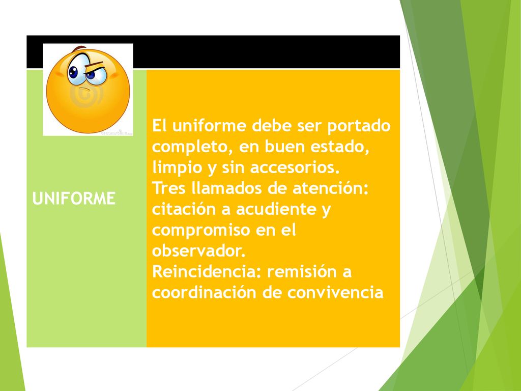 UNIFORME El uniforme debe ser portado completo, en buen estado, limpio y sin accesorios.