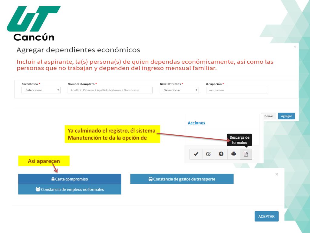 Ya culminado el registro, él sistema Manutención te da la opción de