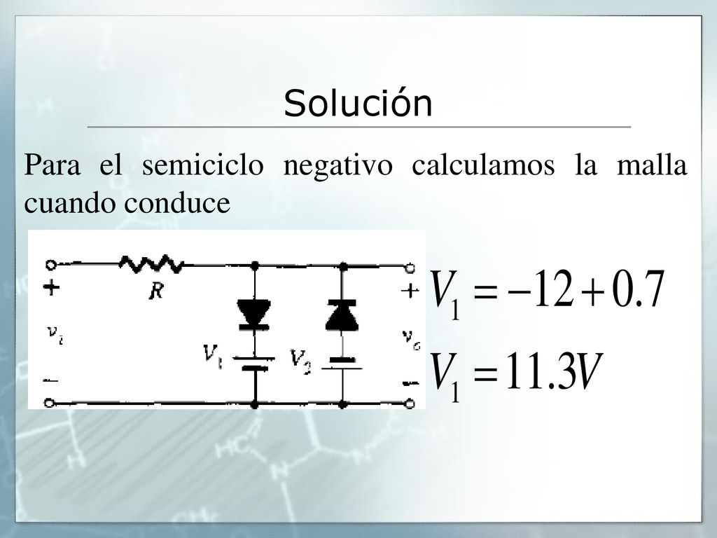 Solución Para el semiciclo negativo calculamos la malla cuando conduce
