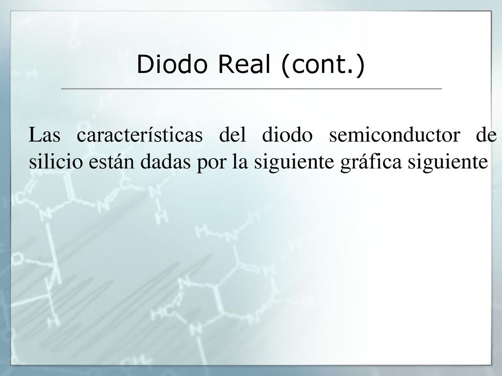 Diodo Real (cont.) Las características del diodo semiconductor de silicio están dadas por la siguiente gráfica siguiente.