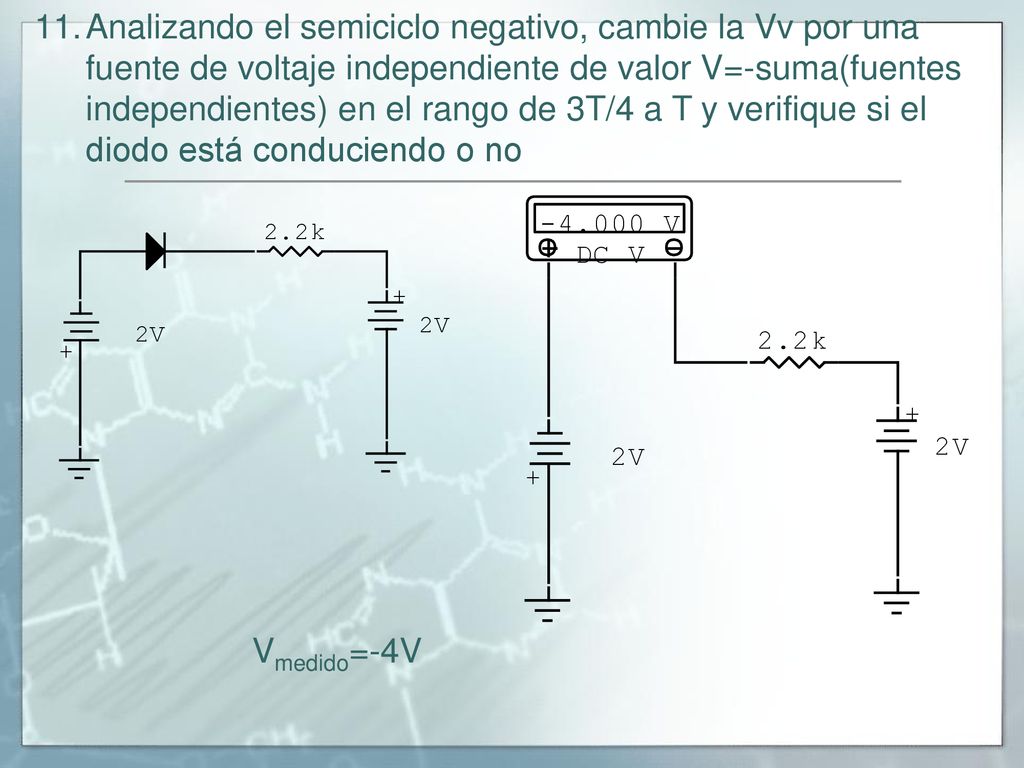Analizando el semiciclo negativo, cambie la Vv por una fuente de voltaje independiente de valor V=-suma(fuentes independientes) en el rango de 3T/4 a T y verifique si el diodo está conduciendo o no