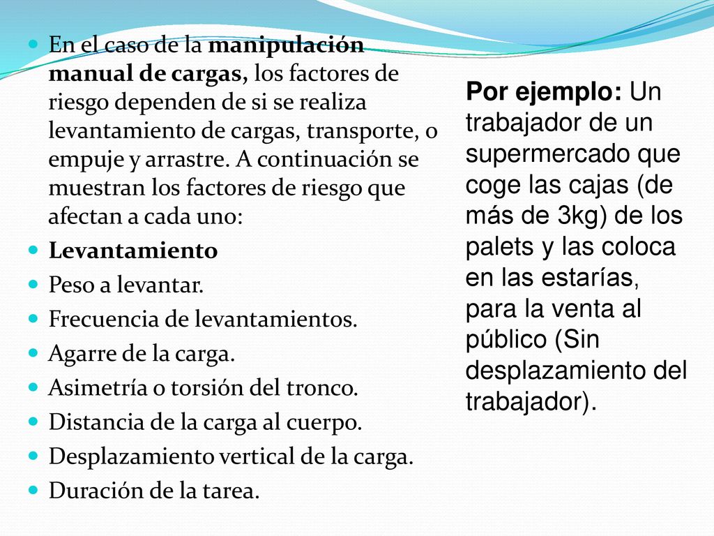 En el caso de la manipulación manual de cargas, los factores de riesgo dependen de si se realiza levantamiento de cargas, transporte, o empuje y arrastre. A continuación se muestran los factores de riesgo que afectan a cada uno: