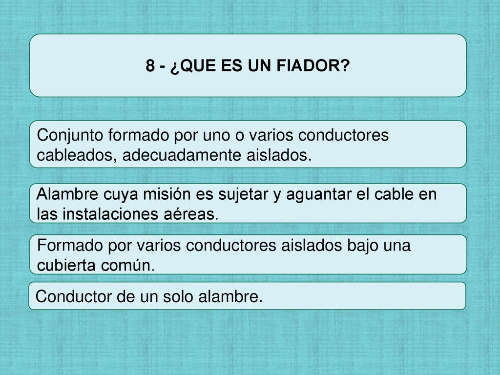 8 - ¿QUE ES UN FIADOR Conjunto formado por uno o varios conductores cableados, adecuadamente aislados.