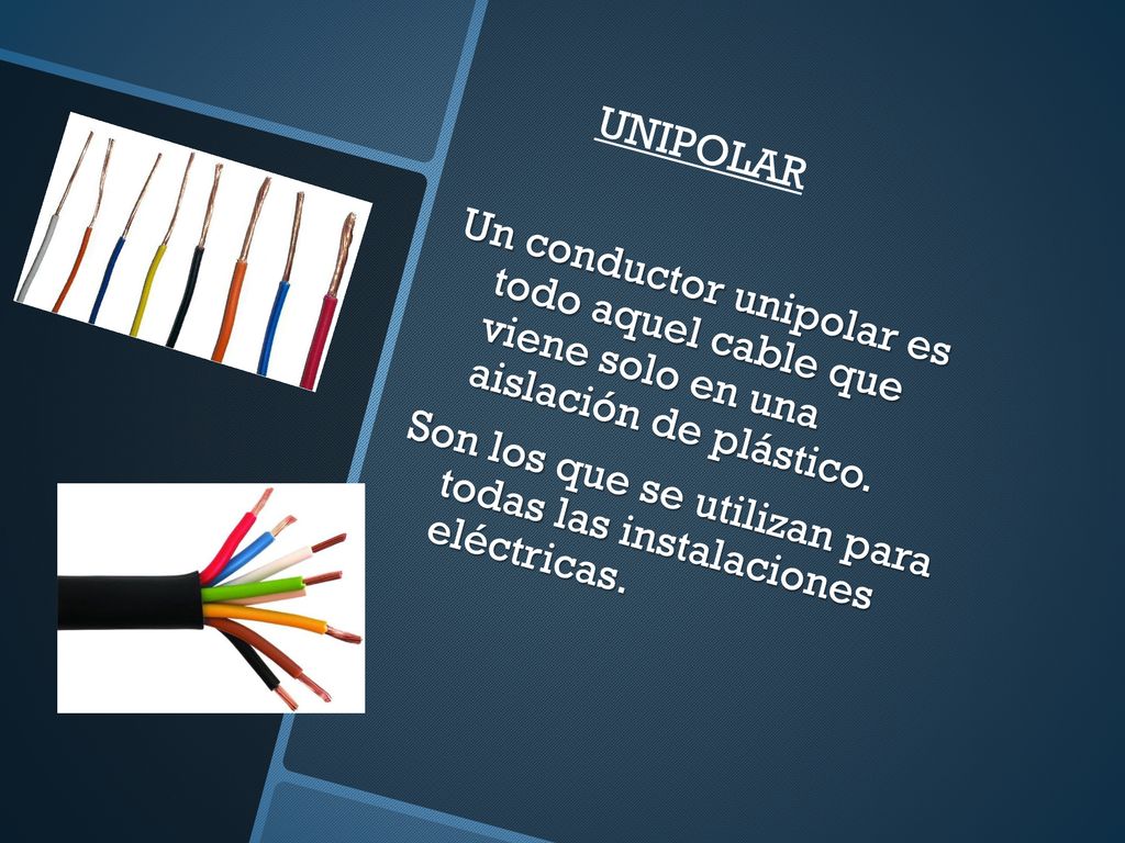 UNIPOLAR Un conductor unipolar es todo aquel cable que viene solo en una aislación de plástico.