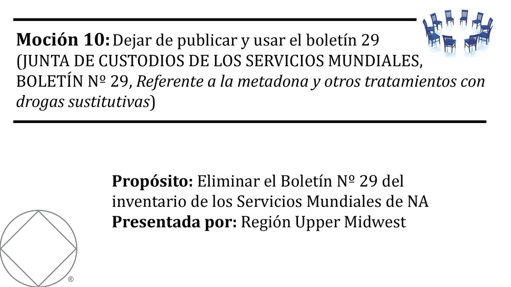 Moción 10: Dejar de publicar y usar el boletín 29 (JUNTA DE CUSTODIOS DE LOS SERVICIOS MUNDIALES, BOLETÍN Nº 29, Referente a la metadona y otros tratamientos con drogas sustitutivas)